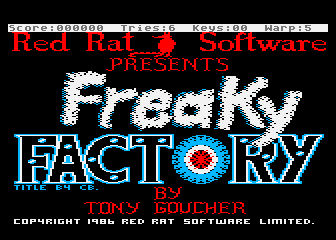 The main title screen of Freaky Factory. One of Tony's ventures on the 8-bit Atari machine.
