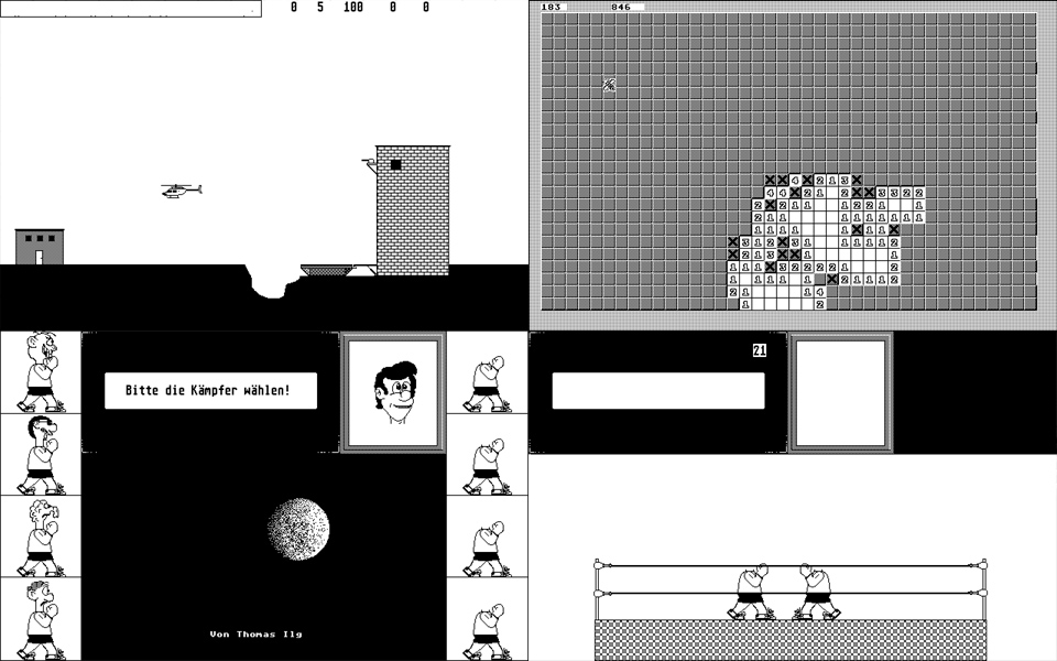 Some screenshot of Thomas' unfinished work. A selection of mono games. I immediately see a Choplifter clone.