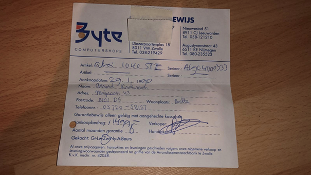 This is the receipt of Wingleader's first Atari STe he bought in the beginning of the 90's. 1499 Dutch gilders, which is the equivalent of 750 Euro today.