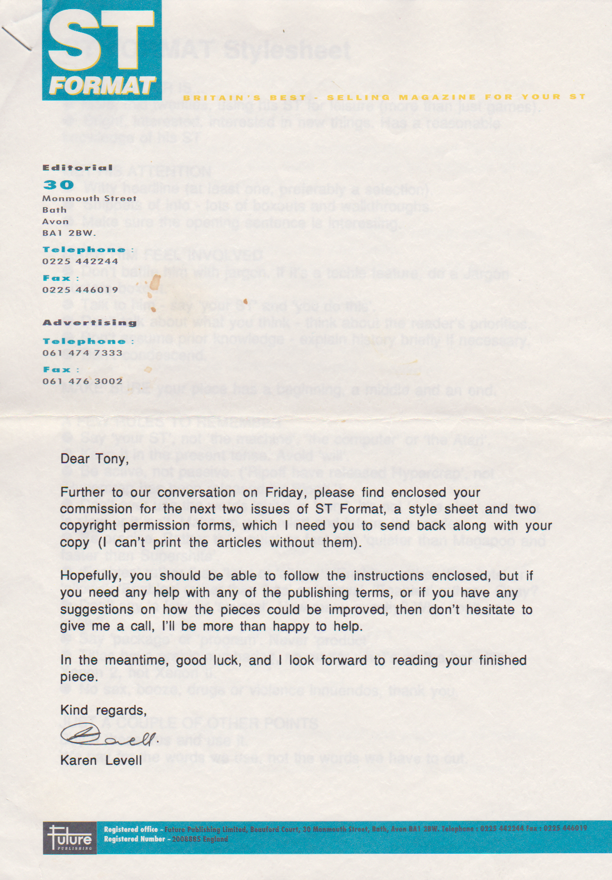 At one point in time, Tony also wrote STOS articles for ST Format magazine. This is a page from the correspondence with Future Publishing.