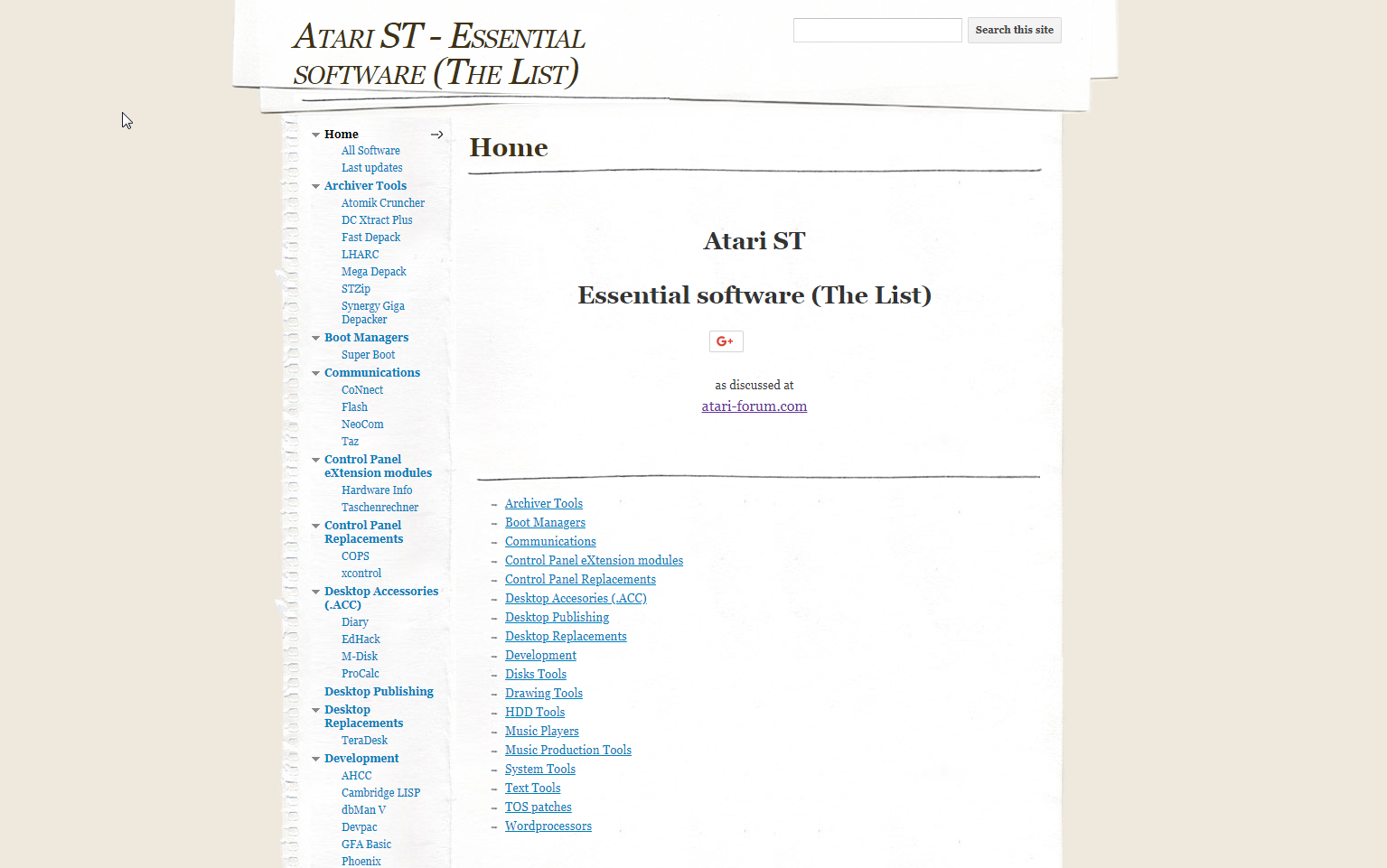 Screenshot of website Atari ST - Essential software
