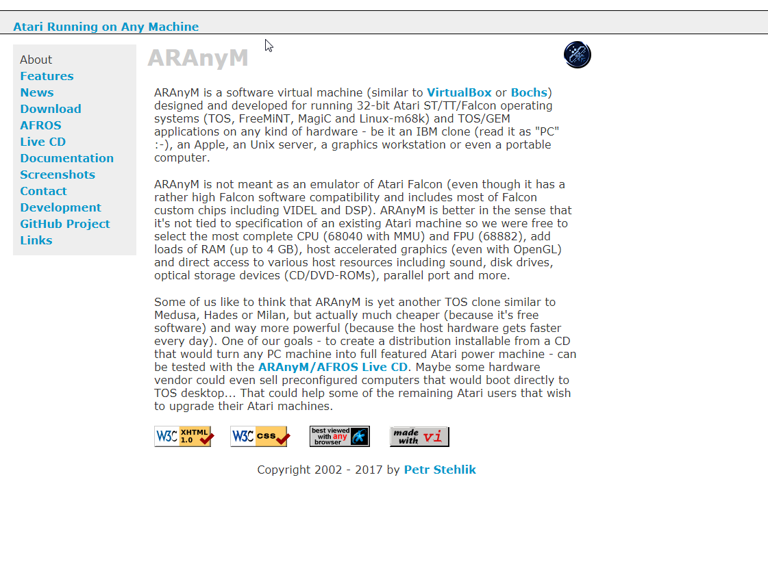 Screenshot of website ARAnyM